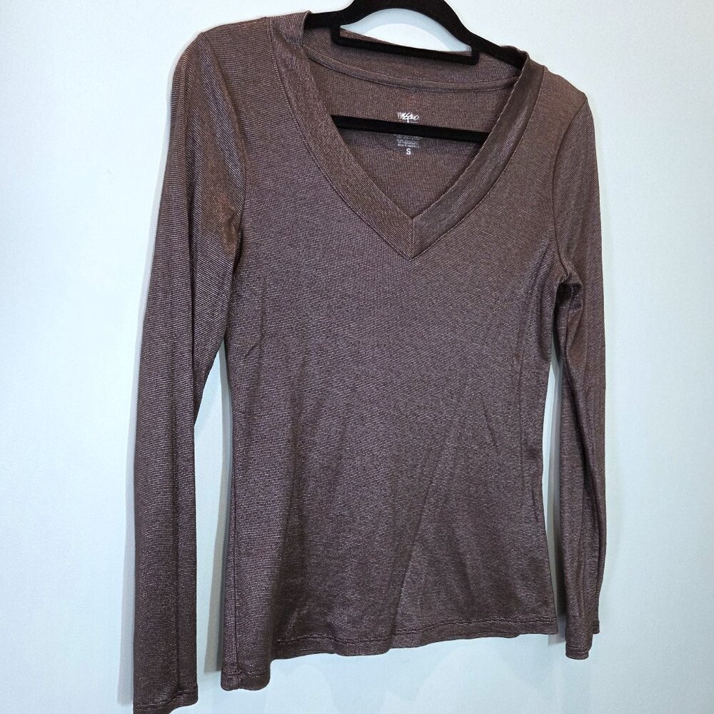 Mossino Brown & Silver Metallic V-Neck Long Sleeve Shirt Size S